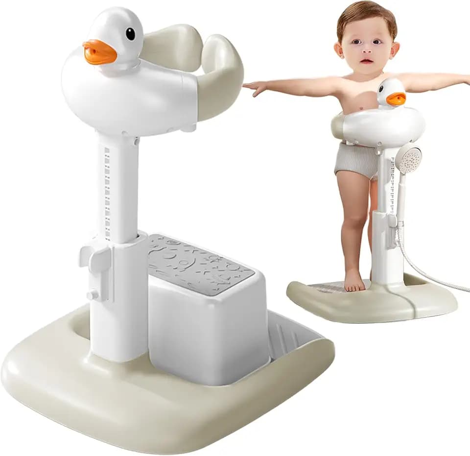 Adjustable Height Baby Shower Stand with Anti-Slip Base, Bath Shower Standing Support, Portable Bath Helper