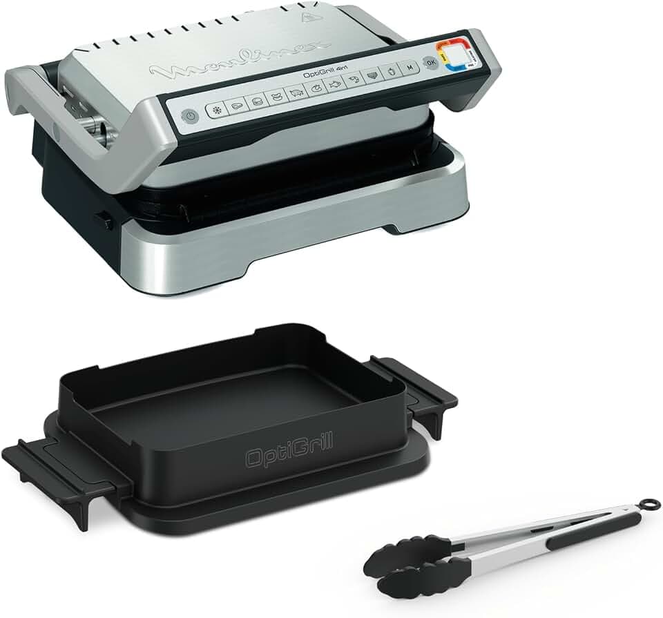 Moulinex OptiGrill 4-in-1, intelligenter Grill, gesünderes Kochen, 44% weniger Fett, Grill, Backofen, komplettes Essen, goldene Ergebnisse, einfache Reinigung, digitales Rezeptbuch, gesundes Kochen,