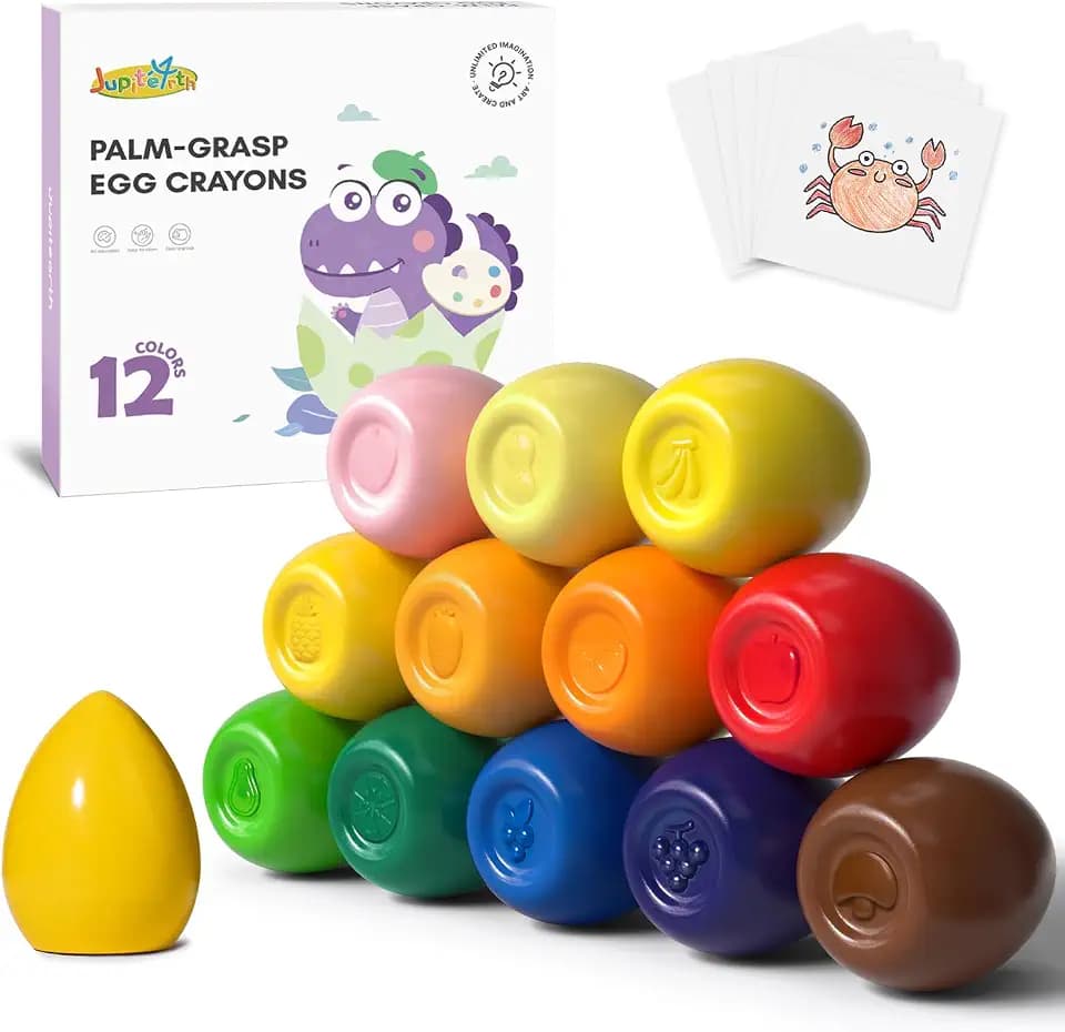 JUPITEARTH 12 Colors Egg Crayons for Toddlers 1-3, Palm-Grasp Non Toxic Jumbo Washable Crayons for Kids, Fat Brain Toys for Preschool Art Supplies and Perfect Easter Gifts for Boys and Girls