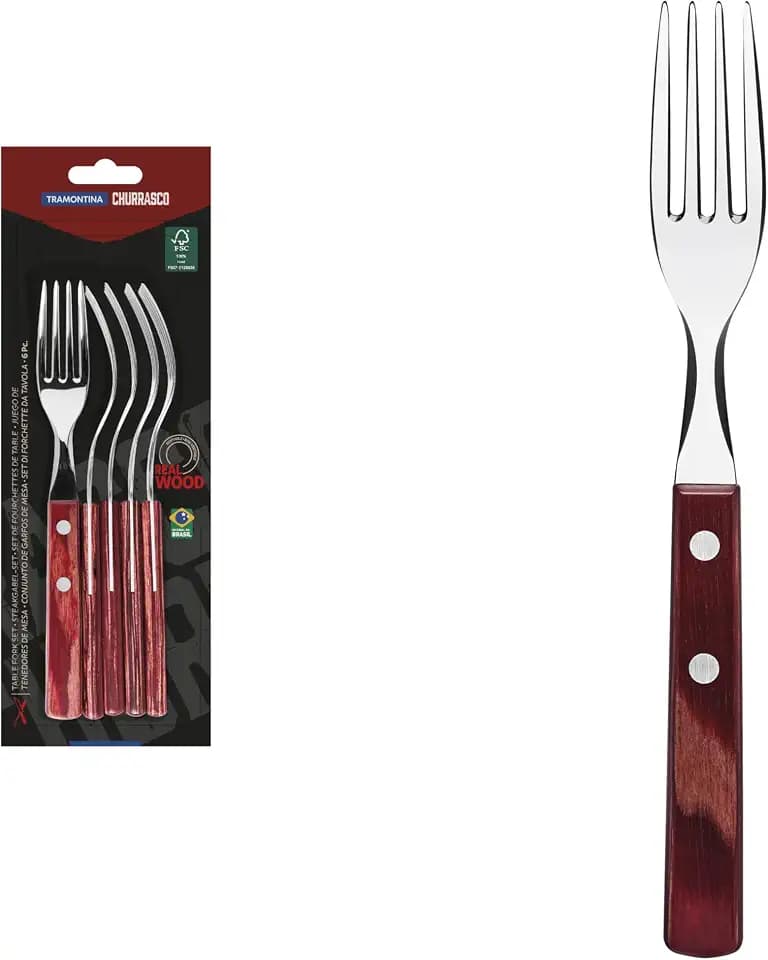 Tramontina Steakgabel Set, 6-Teilig, Edelstahl, Ergonomischer Griff, FSC-zertifizierter Holzgriff, Rot, Pizzagabel