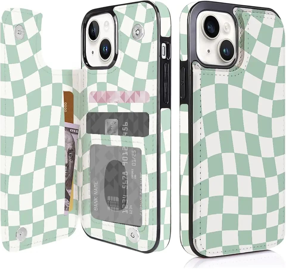 for iPhone 14/15 6.1 inch Wallet Flip Case,Green Checkerboard