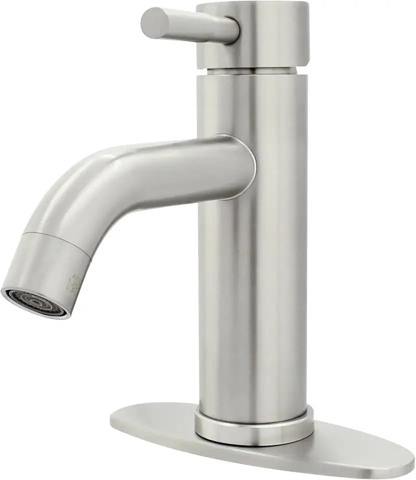 WMF Single Handle Bathroom Faucet, Brushed Nickel Stainless Steel Sink Faucet with Pop-Up Drain & Deck Plate, 1.2 GPM, Single Hole or 3-Hole Installation