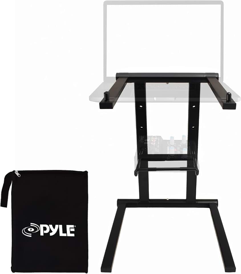 Pyle Laptop Ständer Höhenverstellbar – 360° Drehbar mit Ablage für Zubehör, klappbare Halterung für DJs und Notebooks mit Tasche, ideal für Homeoffice, Studio und mobiles Arbeiten