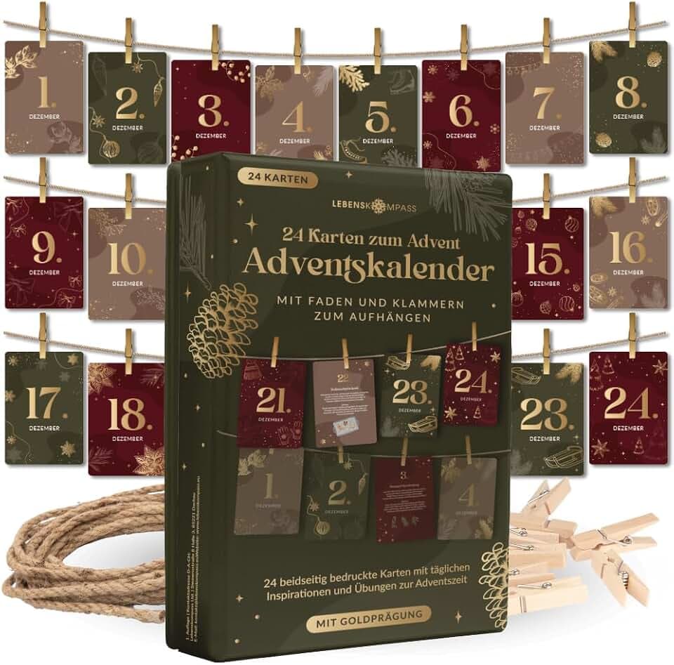 Lebenskompass Adventskalender Karten Set Jahresunabhängig – 24 Achtsamkeitskarten mit Clips & Fäden – Kreativer Selbstliebe Adventskalender zum Aufhängen, für Achtsamkeit und Reflexion