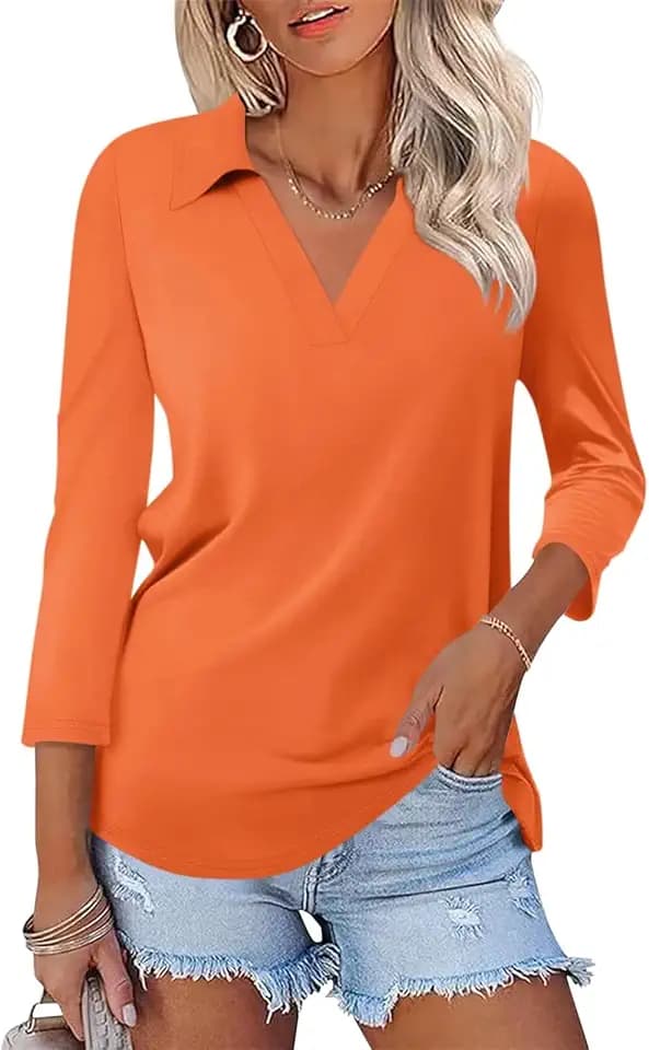 ORANDESIGNE Womens 3/4 Length Sleeve Tops Collared V Neck Polo Shirts