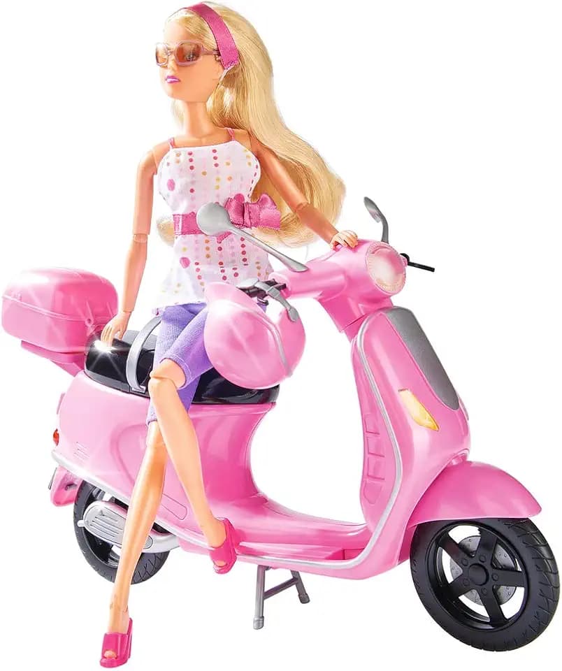 Simba 105730282 - Steffi Love Chic City Scooter, Steffi mit pinkfarbenem Roller, mit Helm und Helmfach, Ankleidepuppe, 29cm, für Kinder ab 3 Jahren