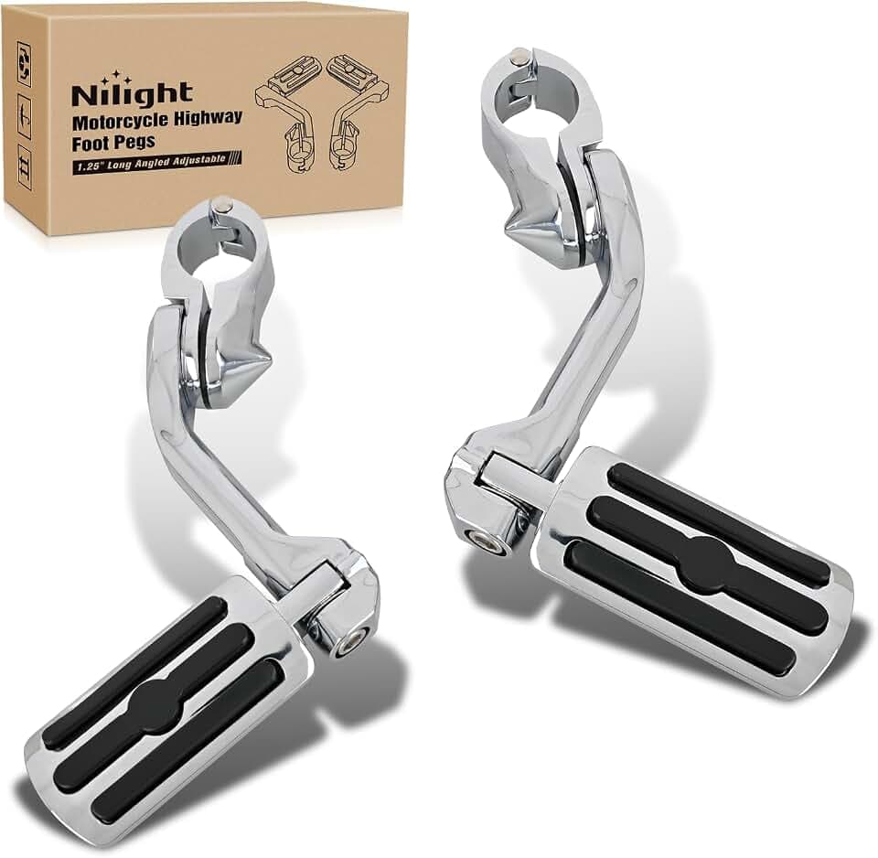 Nilight 1.25" Motorcycle Highway Pegs For Harley Davidson Touring Road King Street Glide Sportster, Adjustable Long Angled Foot Pegs Clamp Universal For 1-1/4" Engine Guard Crash Bars Highway Footpegs