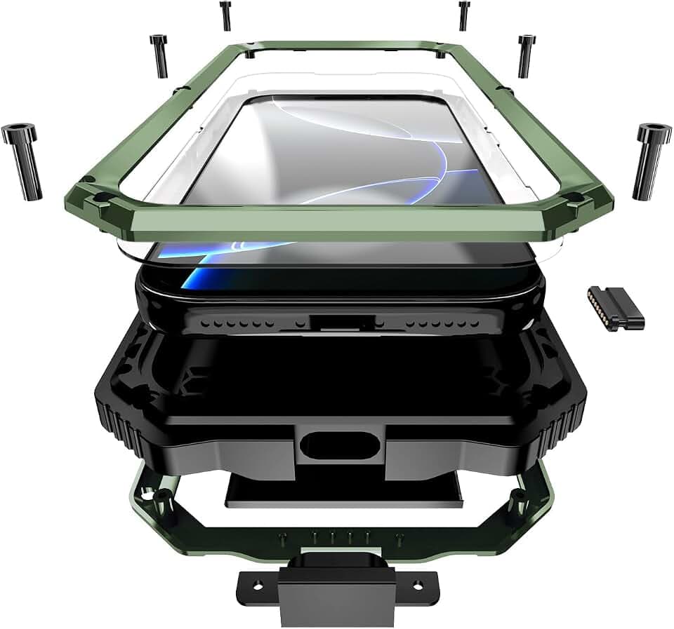 Simicoo Military Metal Heavy Duty Case Compatible with iPhone 17 Pro Max, Drop Protection Rugged Defender Metal Bumper Screws Case with Stand Gorilla Glass Camera Cover Full Body Dustproof Green