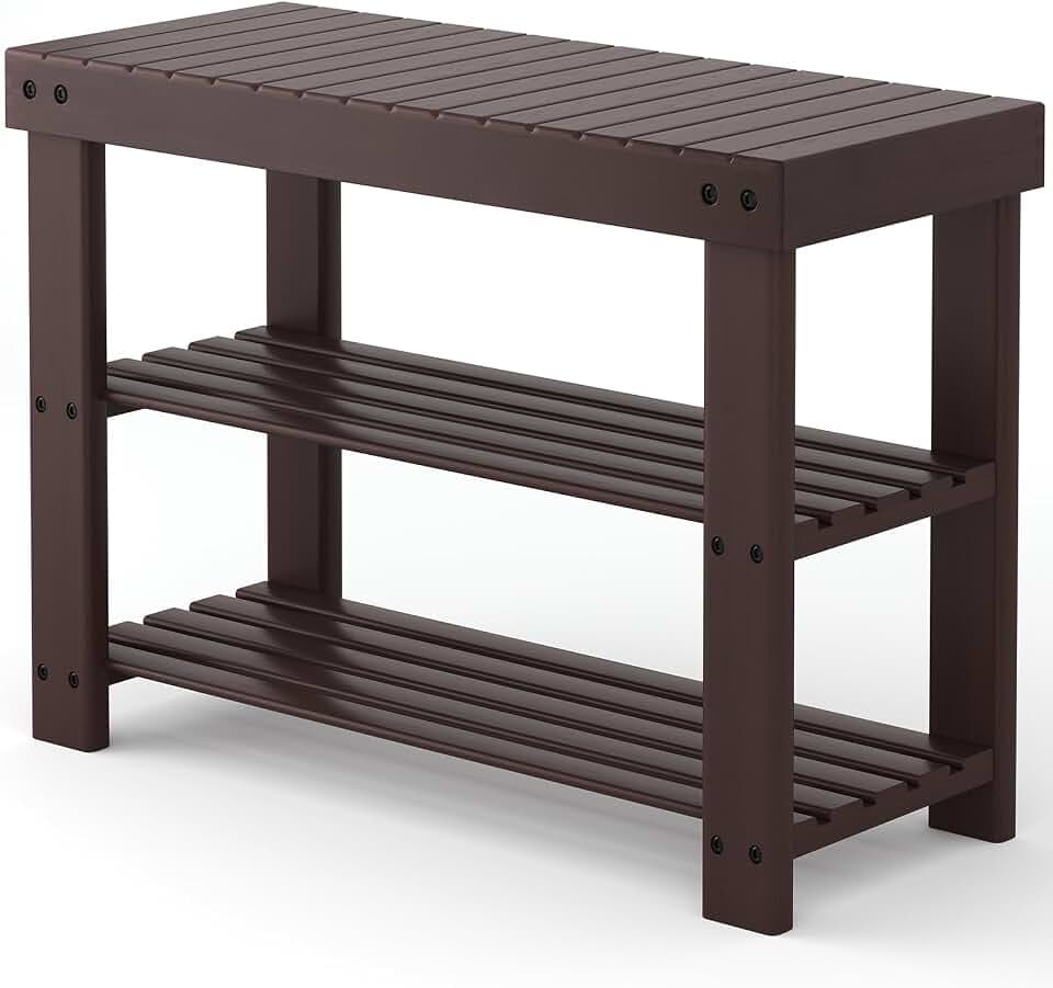 NEWBULIG Shoe Rack Bench, 3-Tier Bamboo Organizer, 11x28x18in, Brown