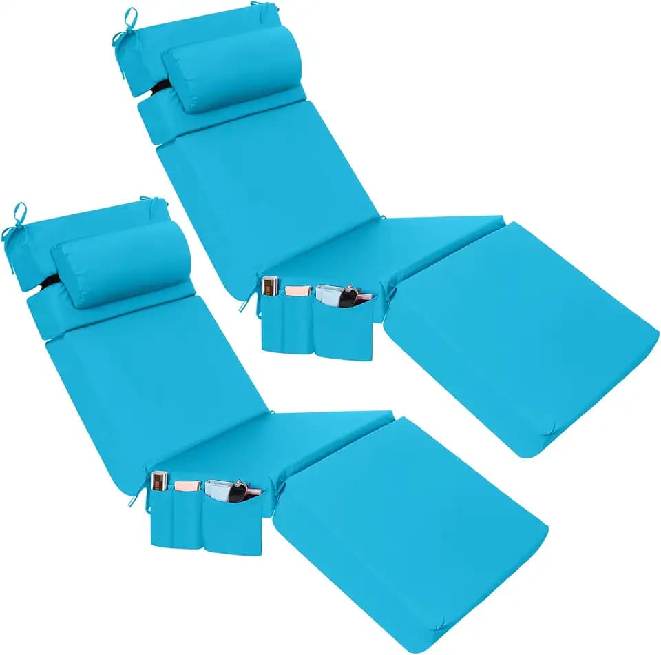 Wenqik 2 Pcs Outdoor Chaise Lounge Cushion with Pillow and Side Pocket Waterproof Lounge Chair Cushions with Pocket on Back 72 x 21 x 4 Inch Patio Pool Replacement Pad (Sky Blue)