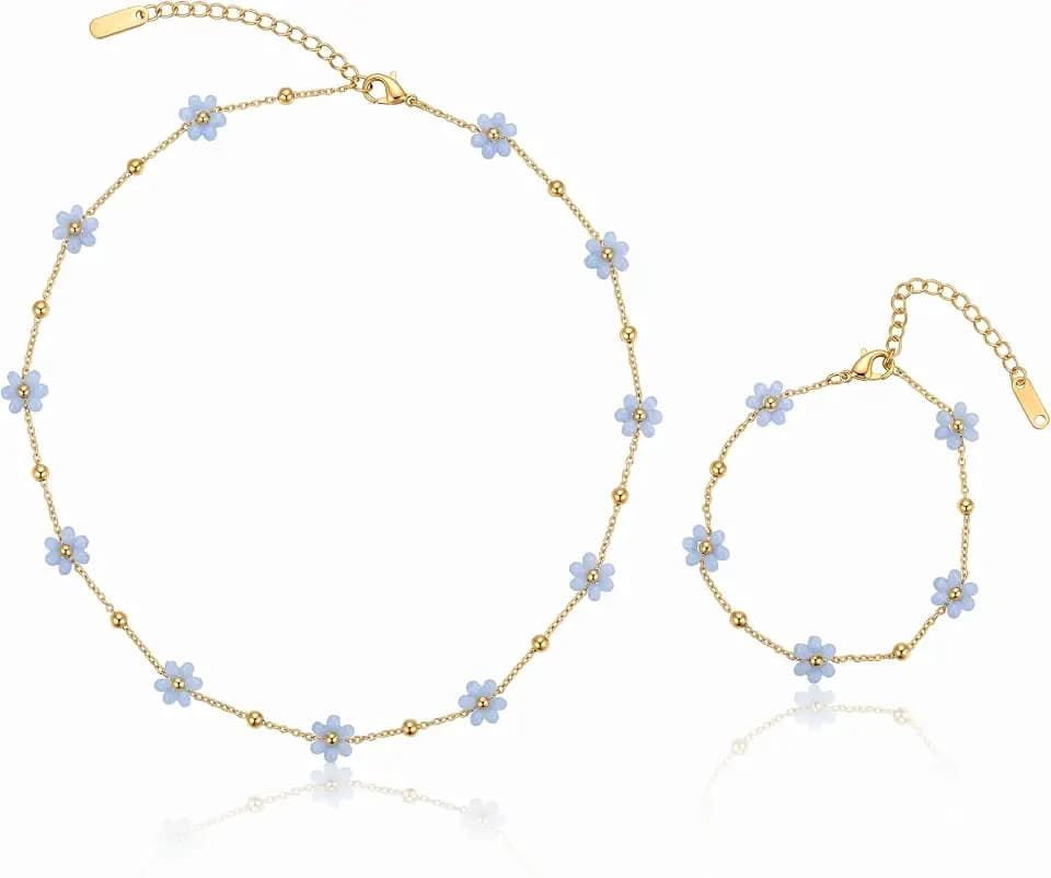 Flower Layered Necklace and Earrings Set, 16K Gold Plated Stainless Steel Y-Shaped Lariat Necklace with Colorful Flower Charms Dainty Drop Earrings Jewelry Set for Women Gifts