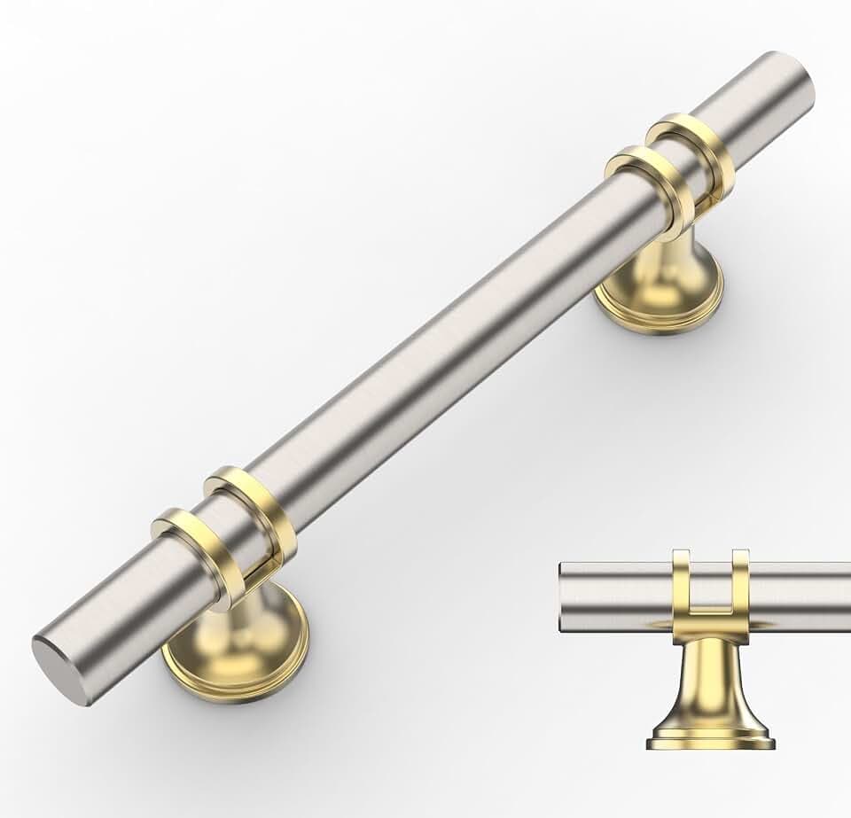 Amerdeco 10 Stück Möbelgriffe Nickel-Gold, 96mm Lochabstand, Schrankgriffe, Küchengriffe, Schubladengriffe für Küchenschränke und Kleiderschränke UK0002