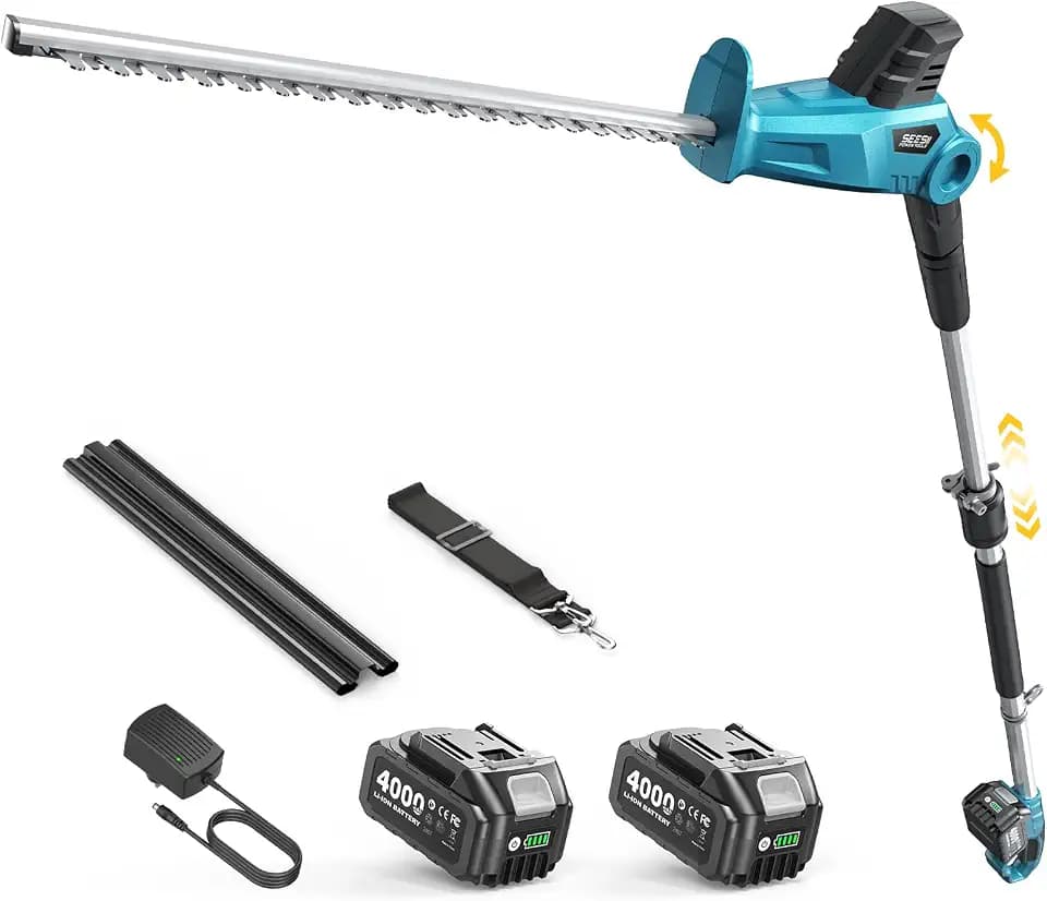 SEESII 20V Pole Hedge Trimmer Cordless, 20" Electric Bush Trimmer 2×4.0Ah