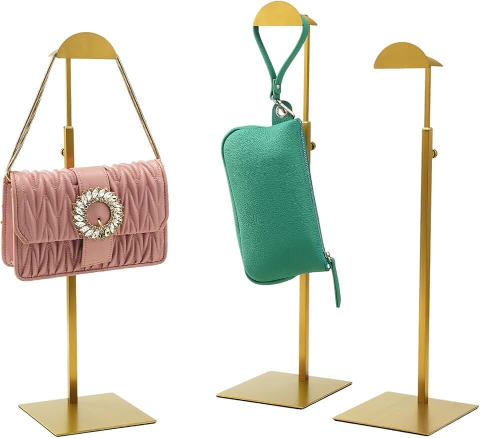 Purse Display Stand, 3 Pack Purse Rack Stainless Steel Anti-fingerprints Purse Holder Gold Hanging Hook Stands Adjustable Height Table Ornament Display Stand for Home Store Boutique Counter