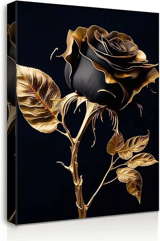 Galmcook Leinwand Bilder mit Rahmen – Wandbild 30x40 cm Schwarze Rose in Goldoptik, Kunstdruck auf Leinwand, Bilder für Wohnzimmer oder Schlafzimmer, Wandbilder Modern mit Haken und ohne Spuren Nägeln