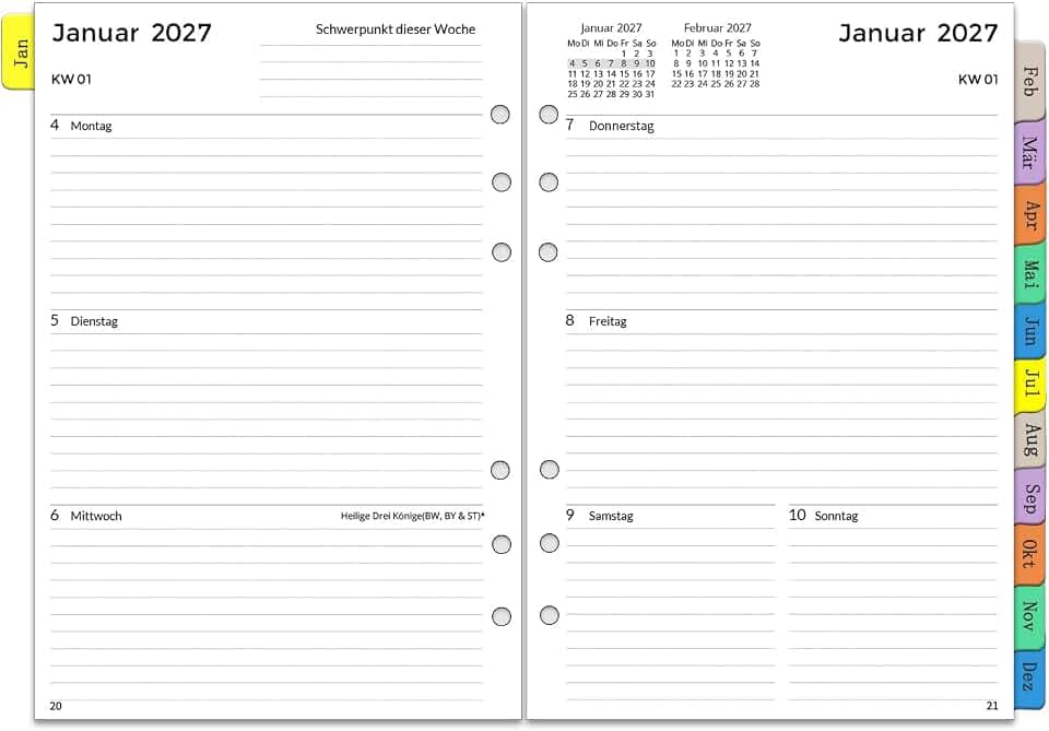 2027 Wochenplaner Einlage A5 6 Löcher (Deutsch), Kalender Einlagen 1 Woche auf 2 Seiten mit Tabs, Passwort, Notizen & Kontakt, Kalendereinlagen Jan–Dez 2027, Nachfüllpapier für A5 Ringbuch Organizer