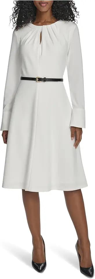 Calvin Klein Women's Long Sleeve Keyhole Pleat Neck Belted Crepe A-line Midi Dress