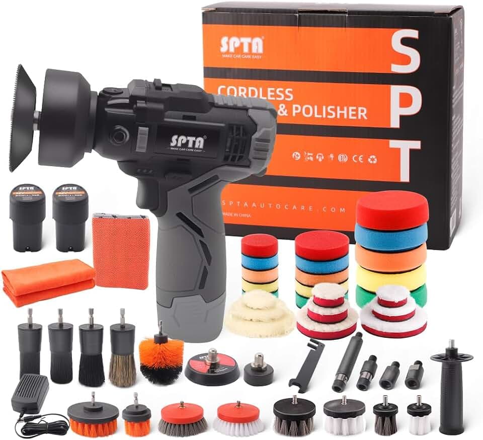 SPTA Poliermaschine, 12V Akku 2.0 Ah Polierer Auto Schleifmaschine Set Profiset Auto Politur Set mit 2tlg Batterie, 37tlg Polierschwamm Pollierpad, Polierfell,Polierteller für Auto KFZ Boot