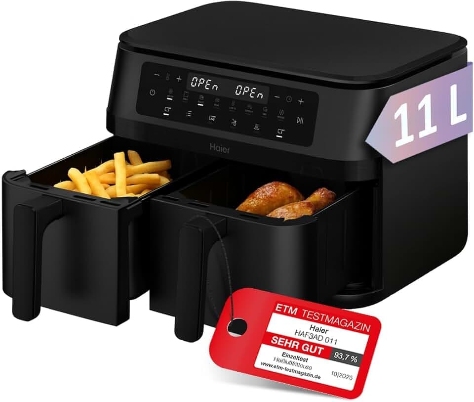 Haier Heißluftfritteuse 2 Kammern I 11L Airfryer Doppelkammer I 9 Portionen