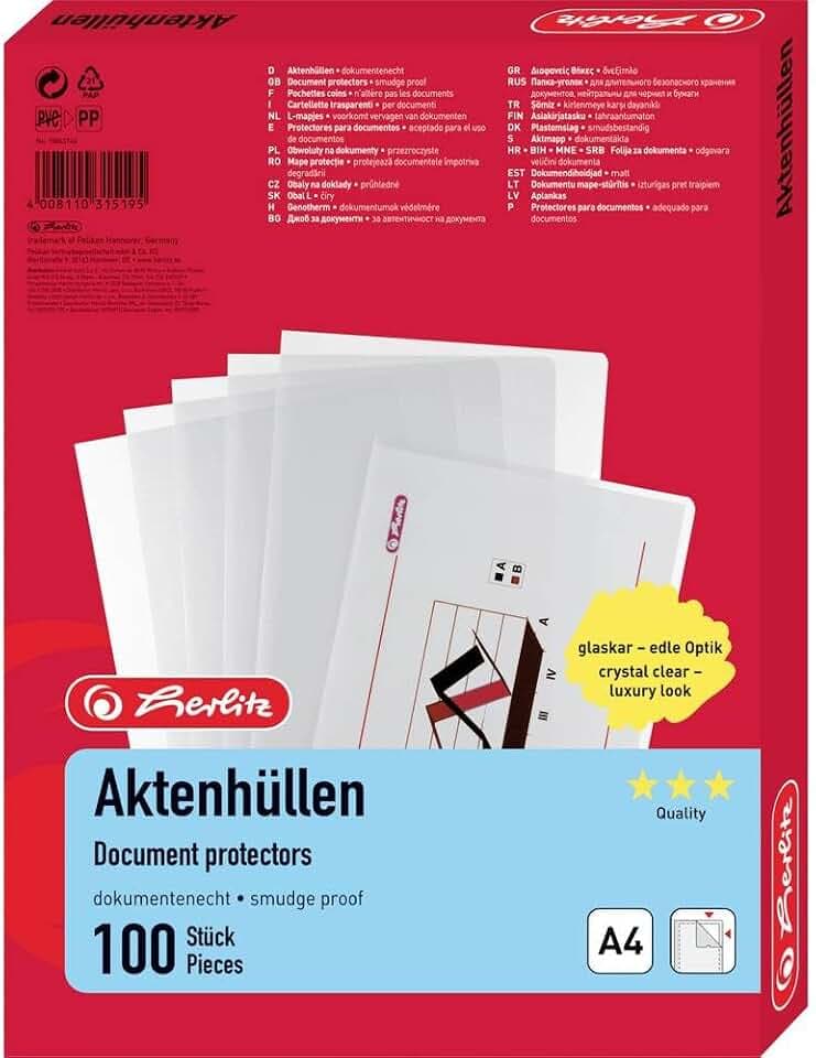 herlitz Aktenhülle A4 Standard, transparent glasklar, dokumentenecht, oben und rechts offen, 100 Stück
