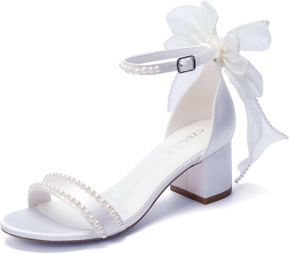 GZEGDLE White Pearl Embellished Bridal Wedding Sandals with Bow, Ankle Strap Block Heel,2.2 Inches