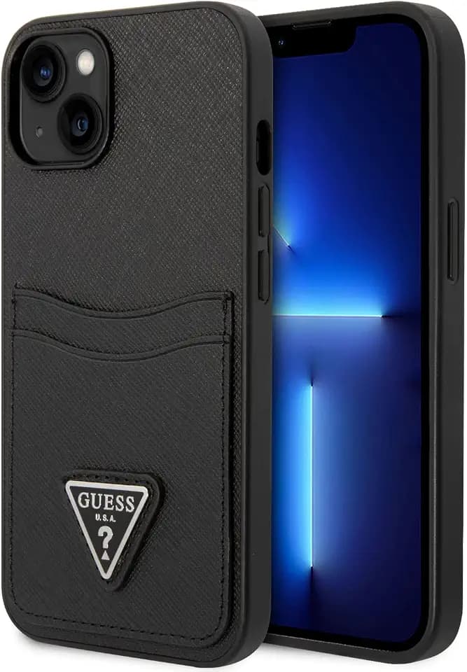GUESS CG Mobile PU Saffiano Schutzhülle mit doppeltem Kartenschlitz, Metalldreiecks-Logo, Kratzfest, staubdicht, stoßfest und extra Schutzschild, kompatibel mit iPhone 14 (Schwarz)