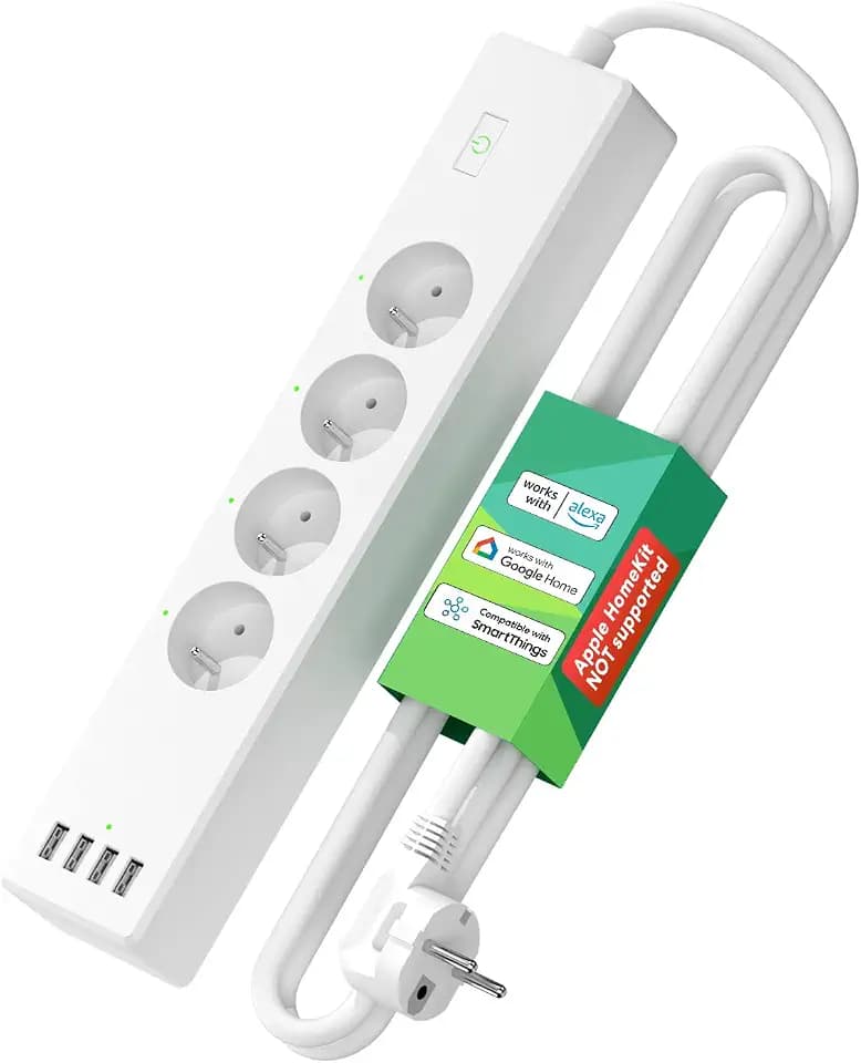 Intelligente Steckdosenleiste (Typ E), 16 A, WLAN-Steckdose, kompatibel mit Alexa, Google Home und SmartThings, programmierbare Mehrfachsteckdose (4 AC-Steckdosen und 4 USB-Ports) mit Zeitfunktion und
