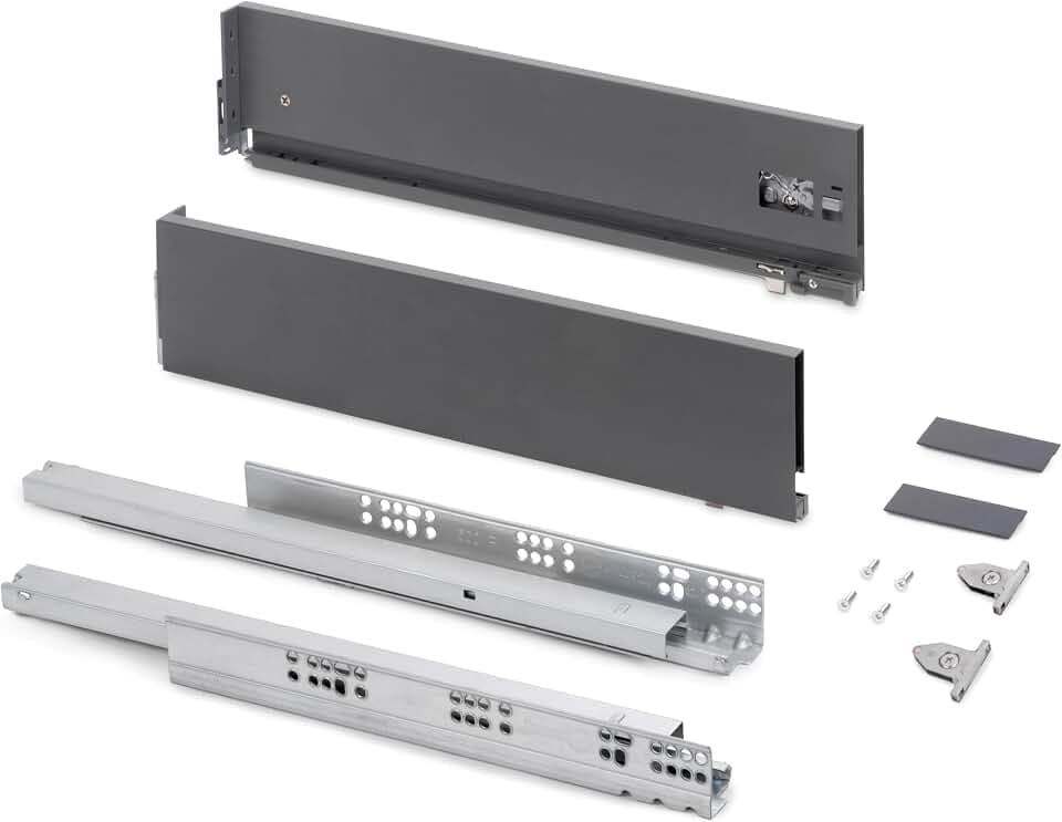 Emuca - Schubladen-Kit für Küche und Bad mit 3D-Regelung, Höhe 131mm, Tiefe 400mm, 40 Kg, sanftes Schließen, Panels nicht enthalten, Stahl, Anthrazitgrau