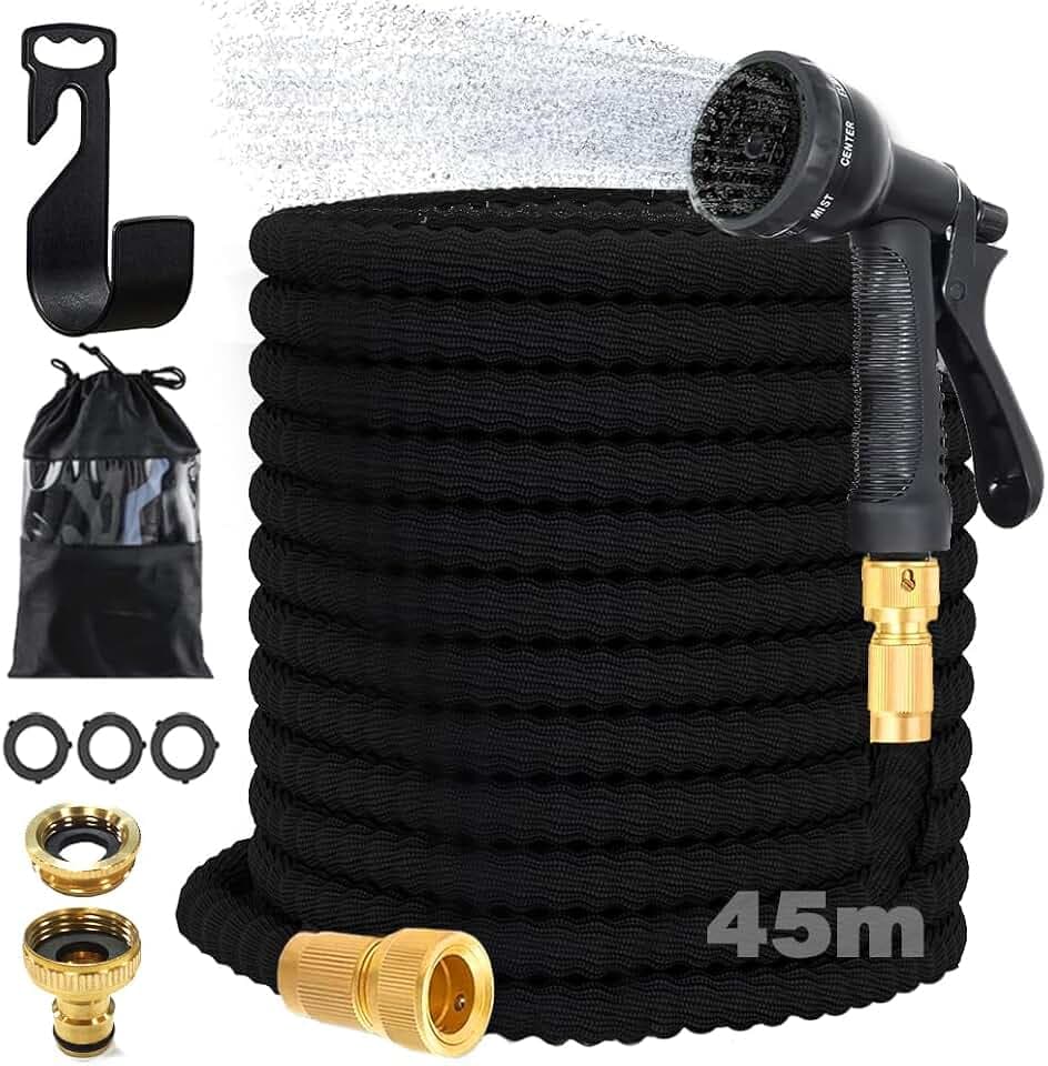 Gartenschlauch Flexibel,Wasserschlauch Flexibel 45m Maximal,Flexschlauch Garten mit 8 Sprühfunktionen,1/2" 3/4" Adapter und WandhalterungKnickfrei,für Gartenbewässerung,Autowäsche,etc