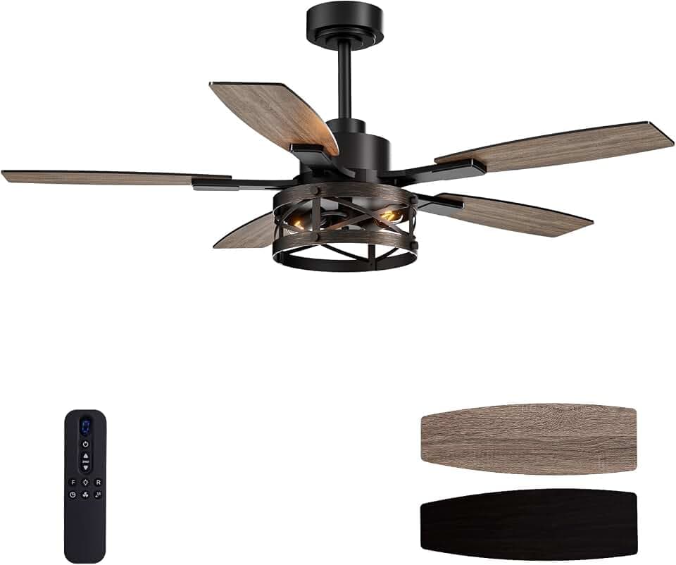 50 Inch Ceiling Fans with Lights and Remote & APP Control, Farmhouse Ceiling Fan with LED Lighting for Bedroom Living Room and Patio, Black Caged Ceiling Fan for Indoor and Outdoor(NO BULBS）