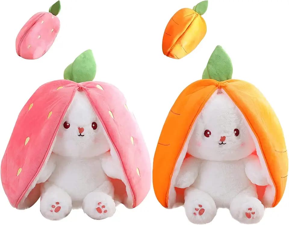 2PCS Bunny Plush Doll Toy Pillow, Reversible Carrot Strawberry Stuffed Animal with Zipper, Cute Rabbit Decoration for Kids & Adult Birthday Party Gift (10'' Strawberry+Carrot) (KP307)