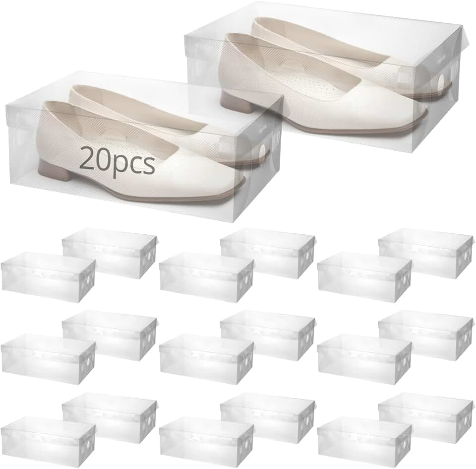 QWORK® 20 Stück Schuhboxen Plastik Aufbewahrungsbox, Faltbar Transparent Schuhe Box, Schuh-Aufbewahrungsboxen mit Deckel, für Damenschuhe