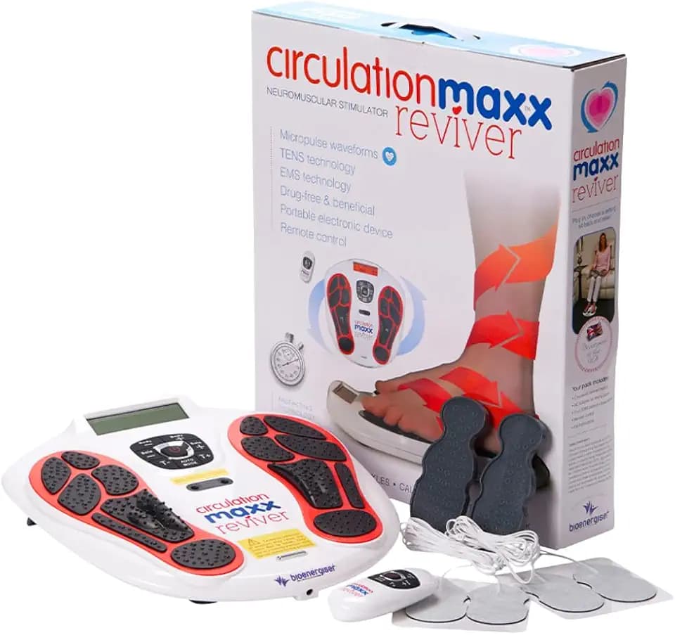 Fußmassagegerät EMS Durchblutungsstimulator – Circulation Maxx Ultra Reviver Reizstrom-Gerät für Füße & Beine, 99 Stufen, 2 Kanäle & Fernbedienung | Muskelentspannung & Wellness zuhause | Vytaliving