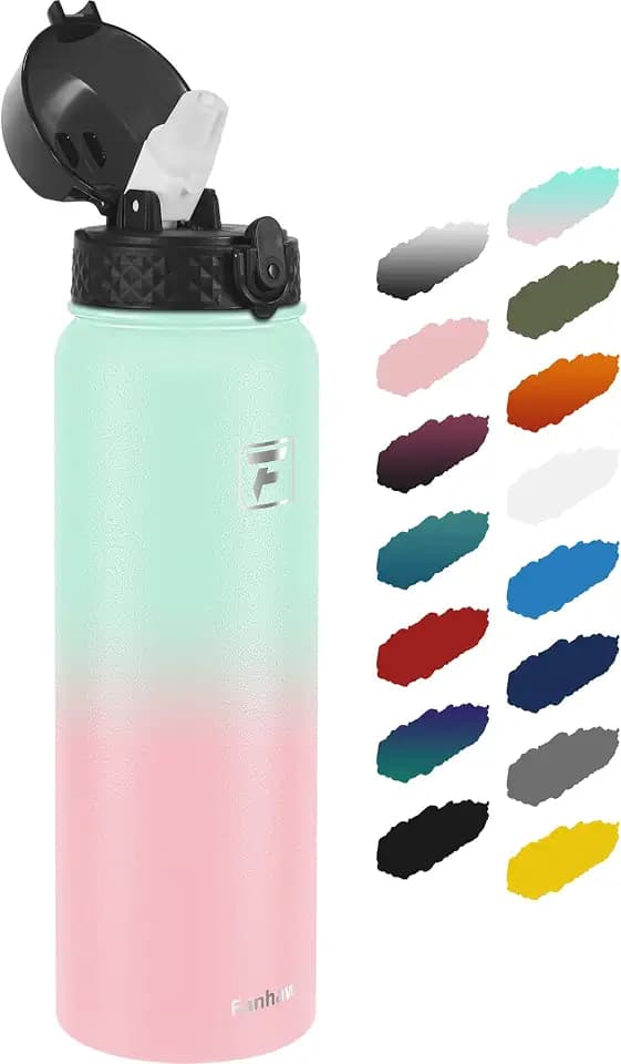 Fanhaw 32oz Kids Stainless Steel Water Bottle with Straw Lid, Green Pink