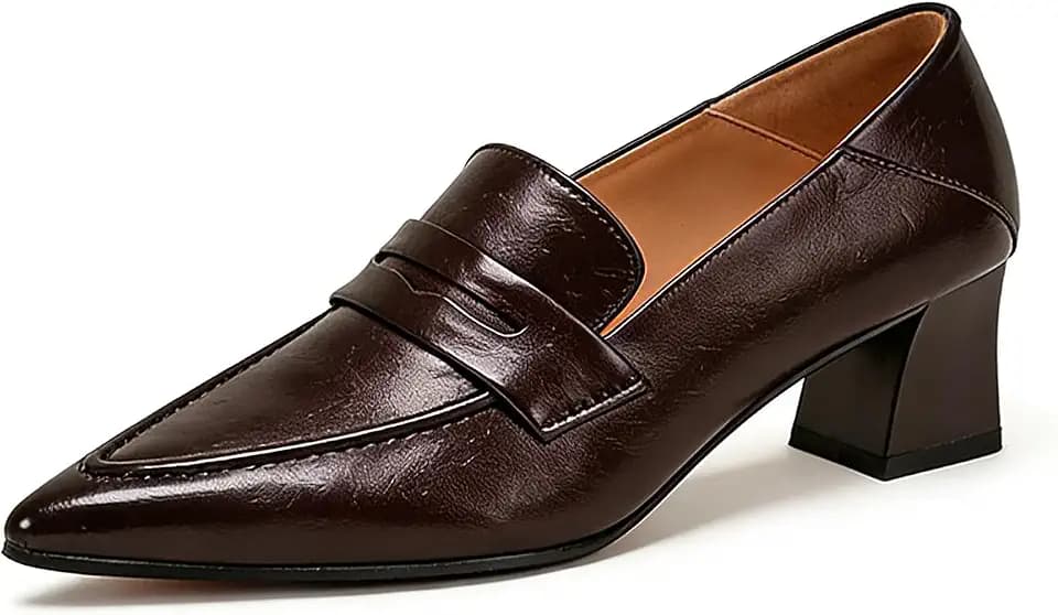 Womens Genuine Leather Pointed Toe Chunky Heels Loafer Shoes Classic Stylish Comfortable Slip-On Dress Pumps for Business Wedding Fomal Occasions