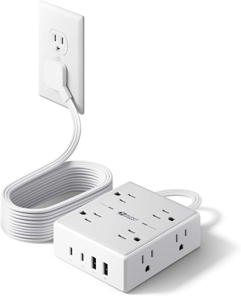 SUPERDANNY Extension Cord,Flat Plug Surge Protector Power Strip,10Ft