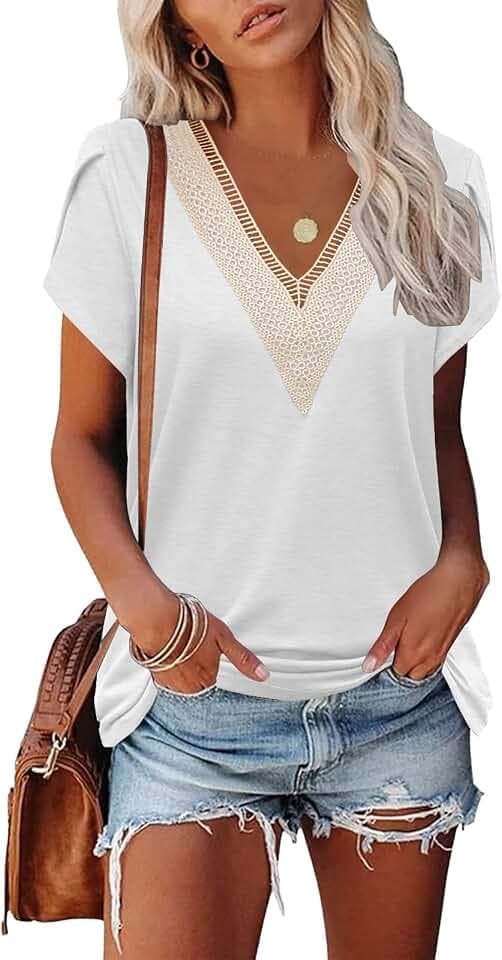 Famulily T-Shirts für Damen V Ausschnitt Sommer Lässige Oberteile Blütenblatt Kurzarm Tops