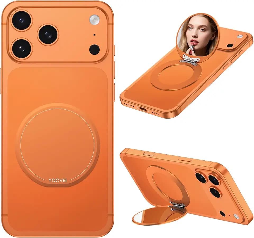 Magnetic Phone Case Stand with Mirror for MagSafe Universal Metal Adjustable Kickstand for iPhone 17/16/15/14 Pro Max Slim Phone Mirror for All Smartphone Used for Women Outdoor Makeup Orange