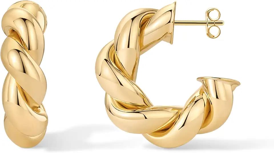 PAVOI 14k Gold Plated Twisted Hoop Earrings for Women, Chunky Rope Earrings