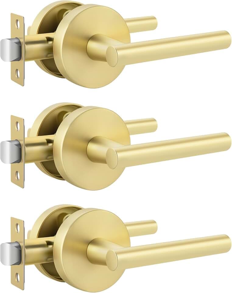 Goldenwarm Brushed Gold Lever Passage Door Handle, Zinc-Alloy Gold Hall and Closet Door Handle, Lever Door Handles, Passage Door Hardware for Hallways and Closets (3 Pack