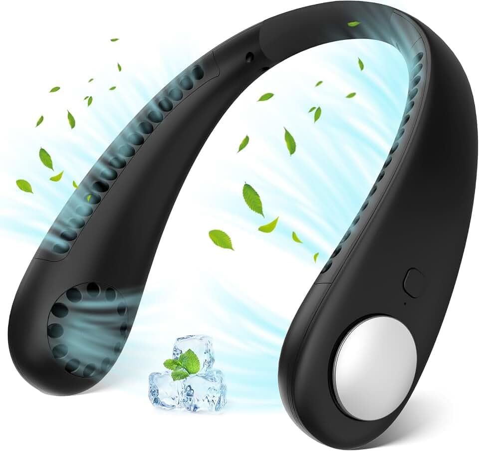Tragbarer Mini Hals Ventilator USB, Blattlos Nackenventilator mit 360° Luftstrom, 3 Geschwindigkeiten Wiederaufladbarer Akku Ventilator Zum Umhängen Neck Fan für Zuhause, Büro, Reisen, Sport, Schwarz