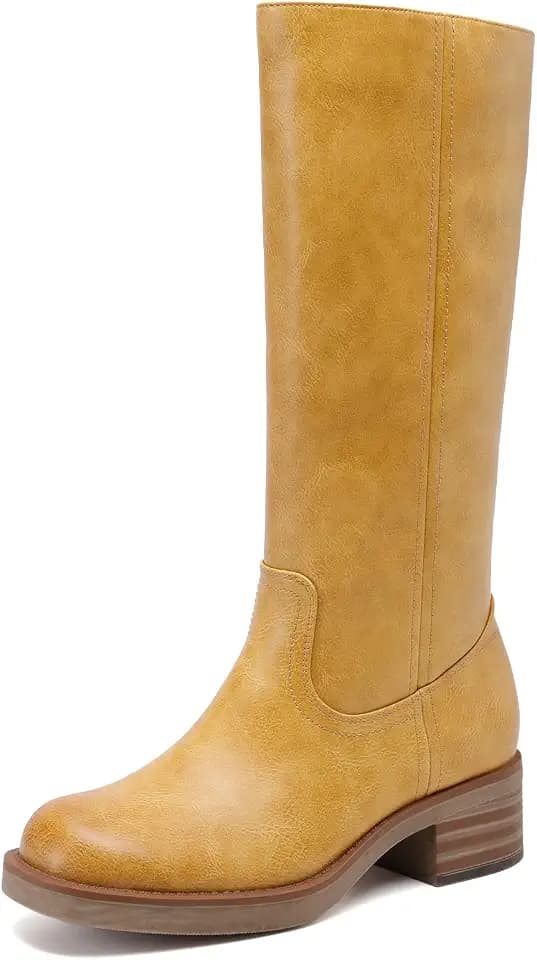 DREAM PAIRS Women's Square Toe Platform Chunky Block Heel Knee High Riding Boots