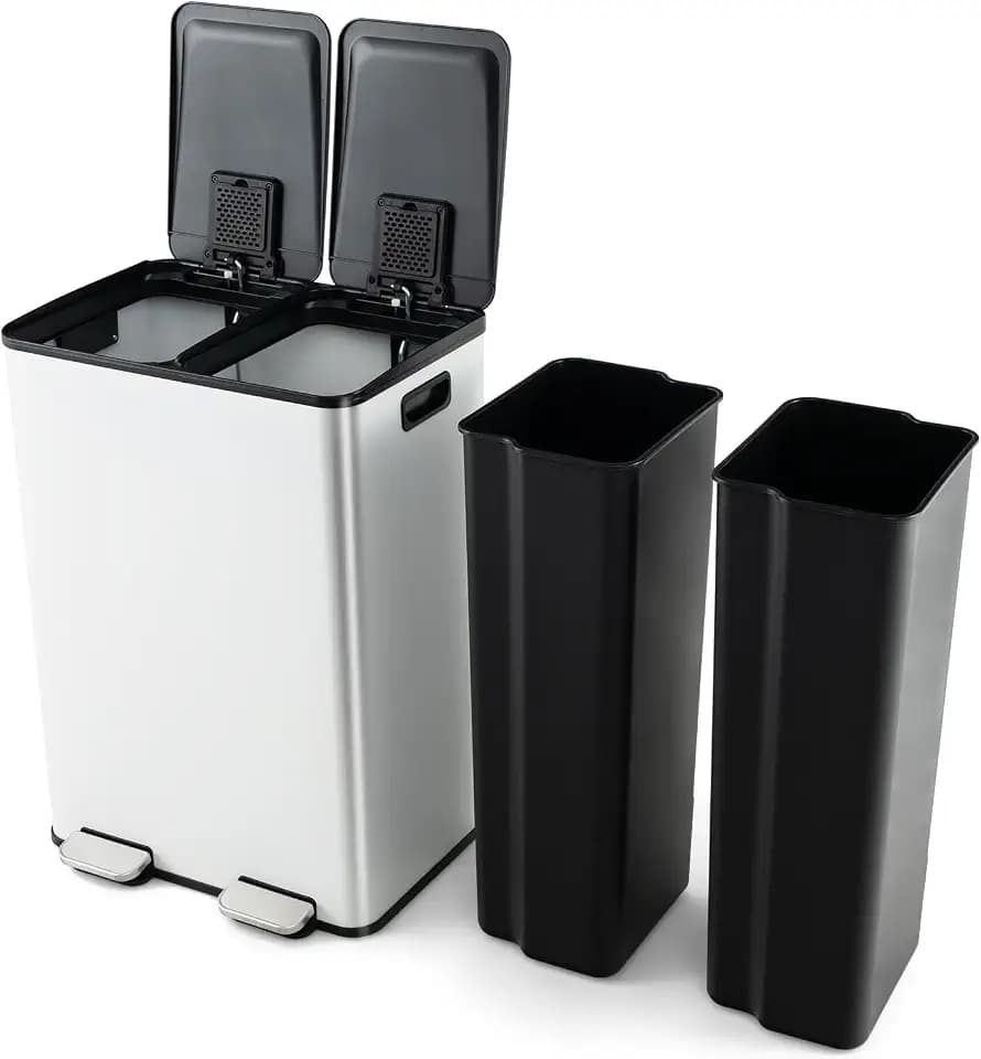 FANTASK Abfalleimer Edelstahl, 2 x 30 L, Doppelmülleimer Abfalleimer geruchsdicht, Tretmülleimer mit sanft schließendem Deckel, Küchenmülleimer aus Edelstahl und Kunststoff (Weiß)