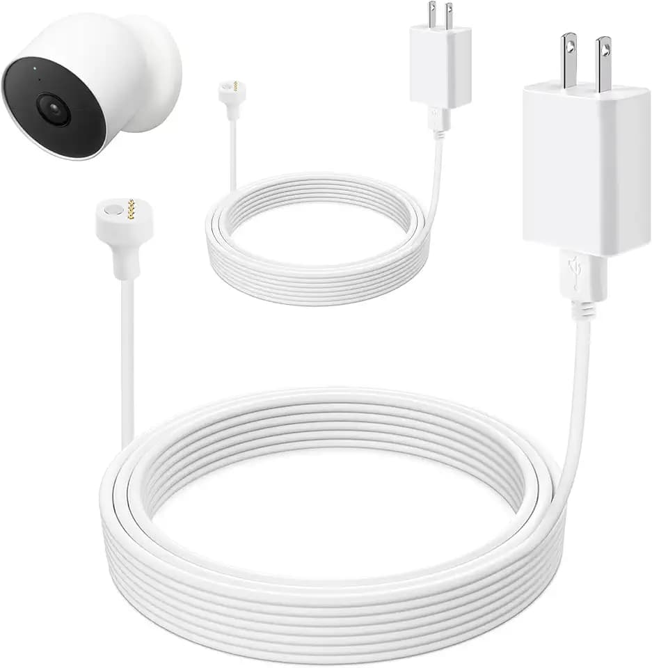 Battery Power Cable with Adapter Only for Google Nest Cam(Battery, 2nd Gen) Outdoor or Indoor, 16FT/5M Flat Weatherproof Charging Cable for Nest Camera, 5V 2A Charger Cable - White, 2 Pack