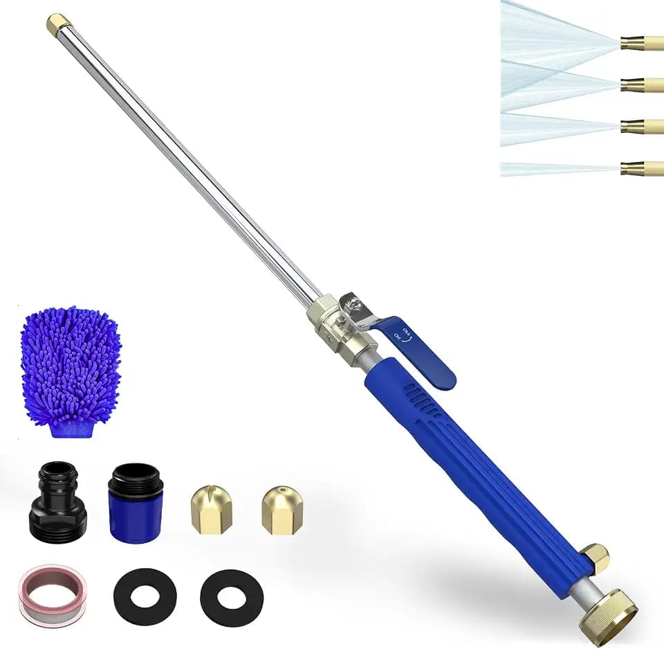 Buyplus Jet Nozzle High Pressure Hose Nozzle, 2-in-1 High Pressure Power Washer for House, Jet Nozzle for Garden Hose Power Washer Wand with 3 Different Tips, Quick Connectors and Gloves, 18 Inch Blue