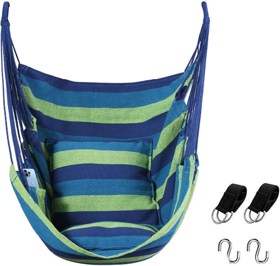 Goutime Hammock Chair, Boho Hanging Rope Ceiling Swing, Macrame Hanging Swinging Chair for Indoor,Outdoor,Bedroom,Outside,Garden,Balcony,Yard,Deck,Max 330 Lbs,Blue and Green