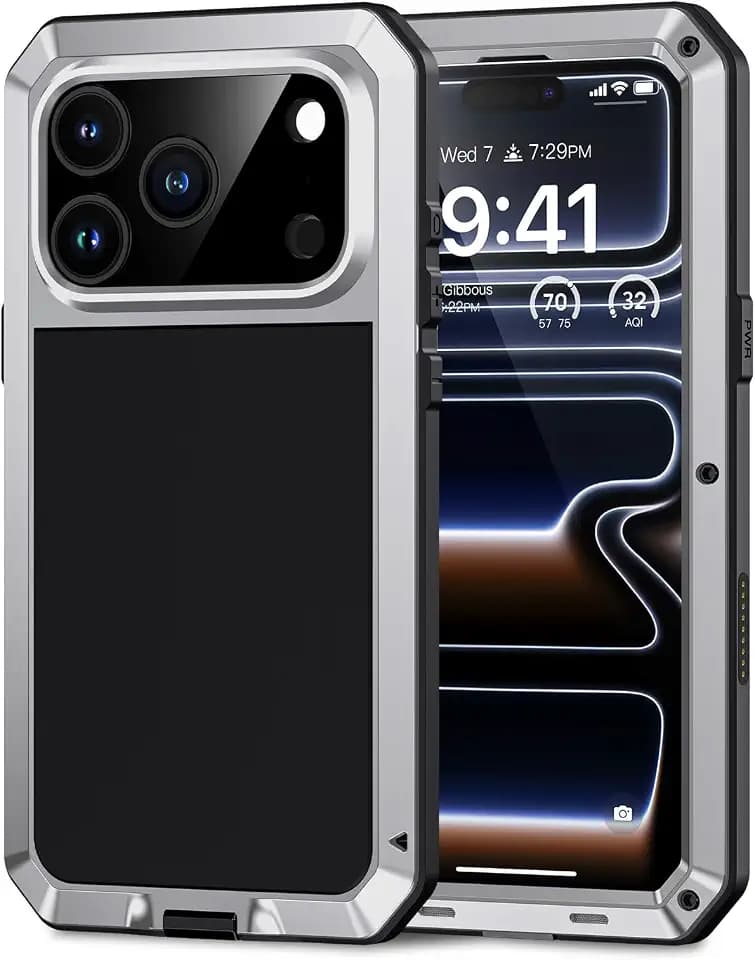 Lanhiem for iPhone 17 Pro Metal Case, Built-in Glass Screen Protector, Military Full Body Shockproof Tough Rugged Heavy Duty Protective for 17 Pro 6.3", Silver