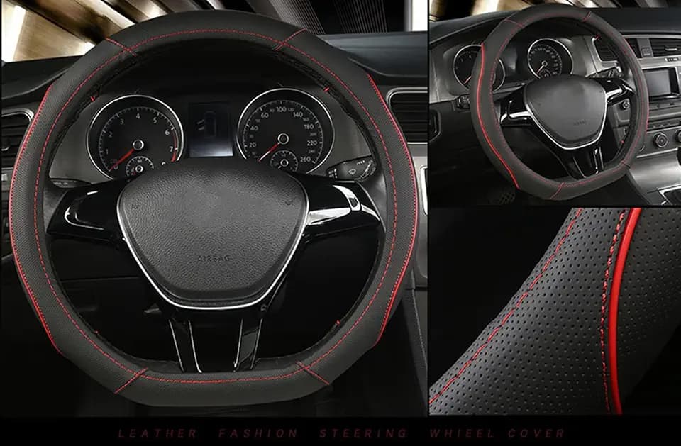 D Shape Car Steering Wheel Cover, Universal 15 inch Stitching Color Anti-Slip Steering Wheel Protector, Red and Black Style (Red and Black D Shape)