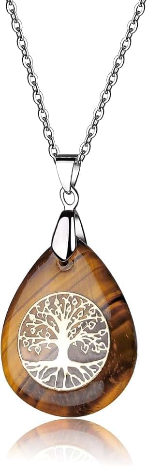 Tiger Eye Stone Necklace Tigerauge Stein Heilkristall Edelstein Anhänger mit Edelstahlkette Baum des Lebens Anhänger-40g,0.98"x1.37"x0.19