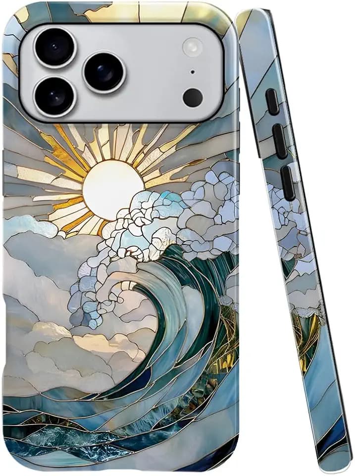 Case Compatible with iPhone 18 Pro Max/iPhone 17 Pro Max,Fall Prevention Bright Hybrid 2-Layer Hard Shell Phone Case for Girls Boys,Ocean Waves Sunrise